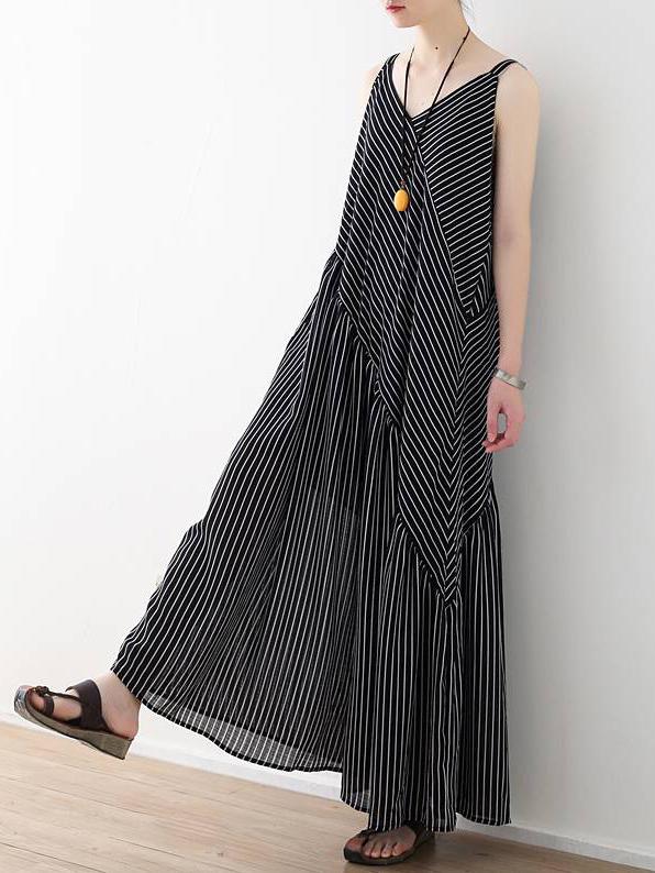 Loose Striped Split-joint Wide-leg Sleeveless V-neck Jumpsuits