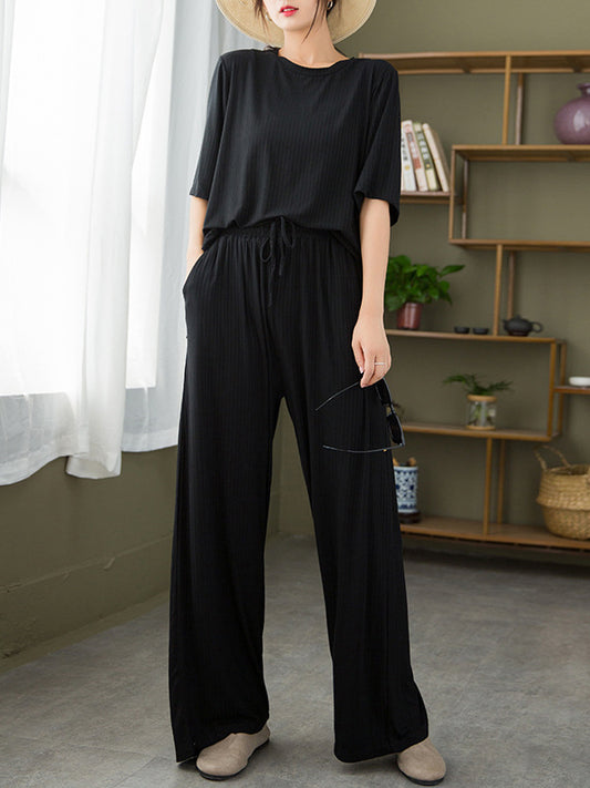 Casual Loose Solid Color Round-Neck Half Sleeves T-Shirt&Drawstring Pleated Wide Legs Pants 2 Pieces Set