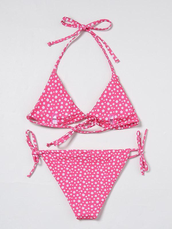 Floral-Print Triangles Bandage Backless Split Bikini Swimsuit