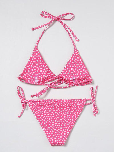 Floral-Print Triangles Bandage Backless Split Bikini Swimsuit