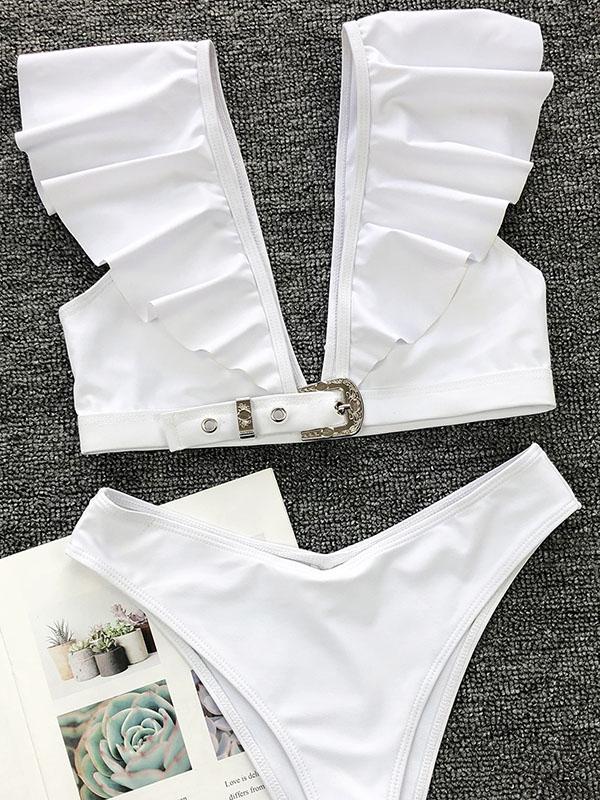 Sexy Flounces V-Neck Metal Buckle Split Bikini Swimsuit