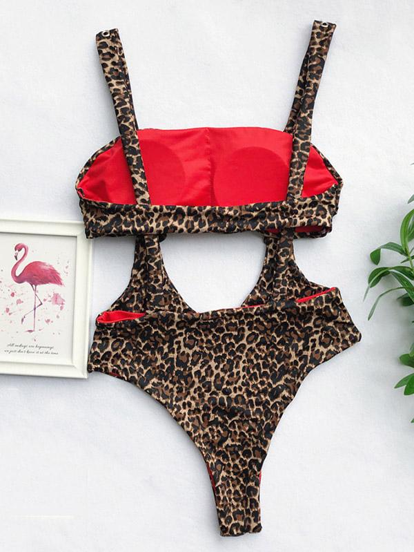 Leopard-Print Straps Split Bikini Swimsuit