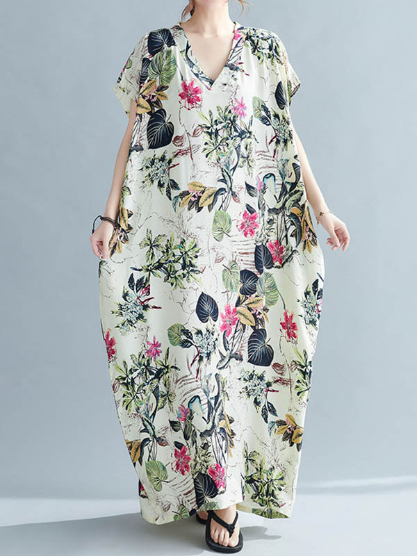 Original Floral Printed Loose Round-Neck Batwing Sleeves Maxi Dress