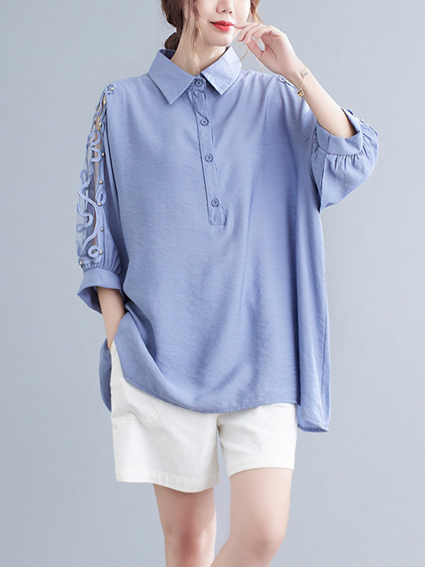 Casual Split-Joint Lace Hollow Seven-Quarter Sleeves Blouses Top