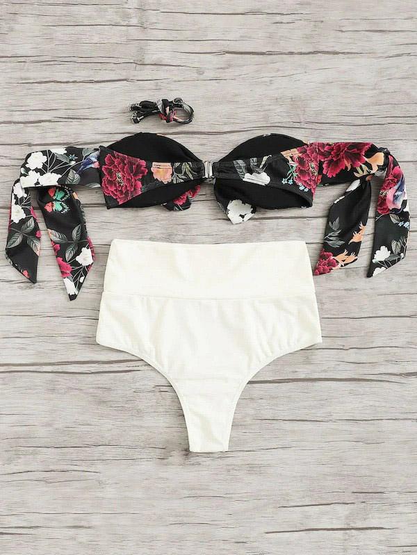 Sexy Strapless Knotted Printing Split Type Bikini Swimsuit