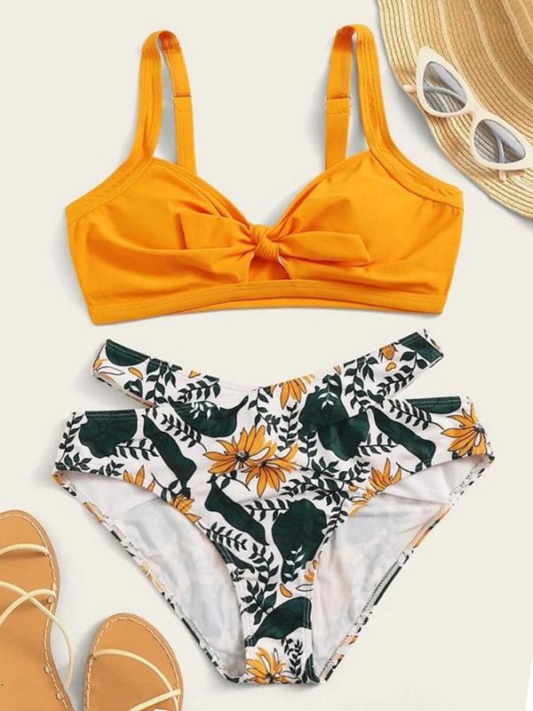 Floral-Print Knotted Split Bikini Swimsuit