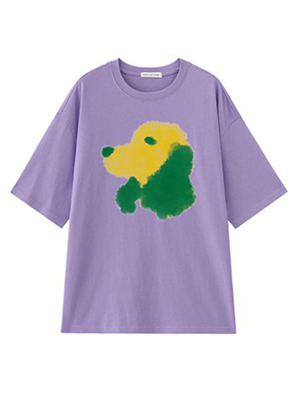 Oversized Contrast Color Dog Printed T-Shirt