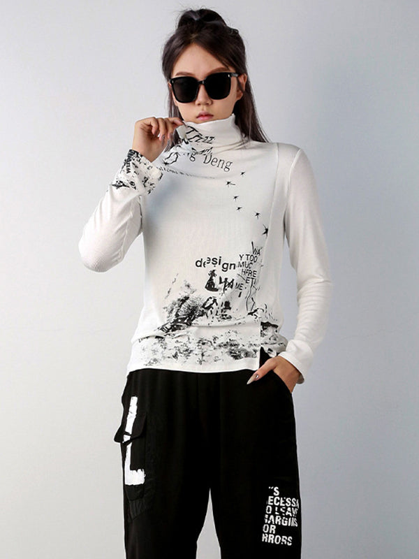 Original Creation Long Sleeves Skinny Letter Print High-Neck T-Shirts Tops