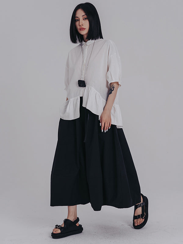 Urban Asymmetric Falbala Black White Solid Color Blouse