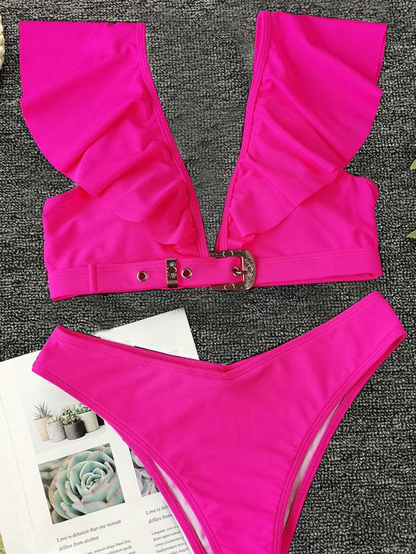 Sexy Flounces V-Neck Metal Buckle Split Bikini Swimsuit