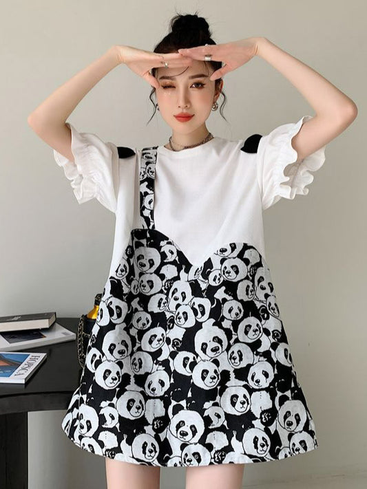 Original Stylish Falbala Split-Joint Panda Printed Round-Neck Bishop Sleeves T-Shirt Mini Dress