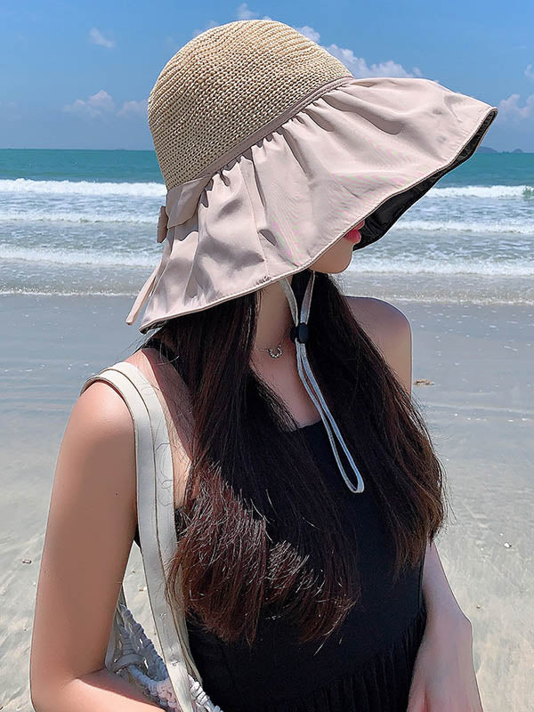 Vacation Weave Bow-Embellished Sun Protection Caps