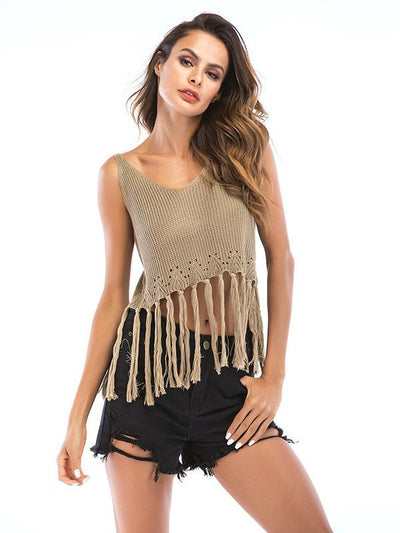 2019 Short Style Sleeveless Fringed Top