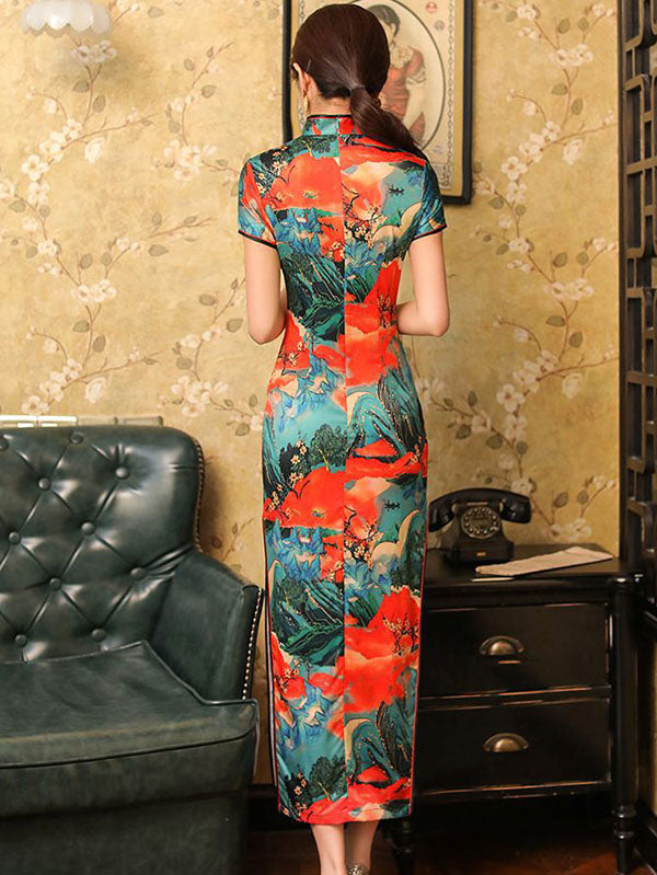 Vintage Satin Printed Split-Side Short Sleeve Long Cheongsams