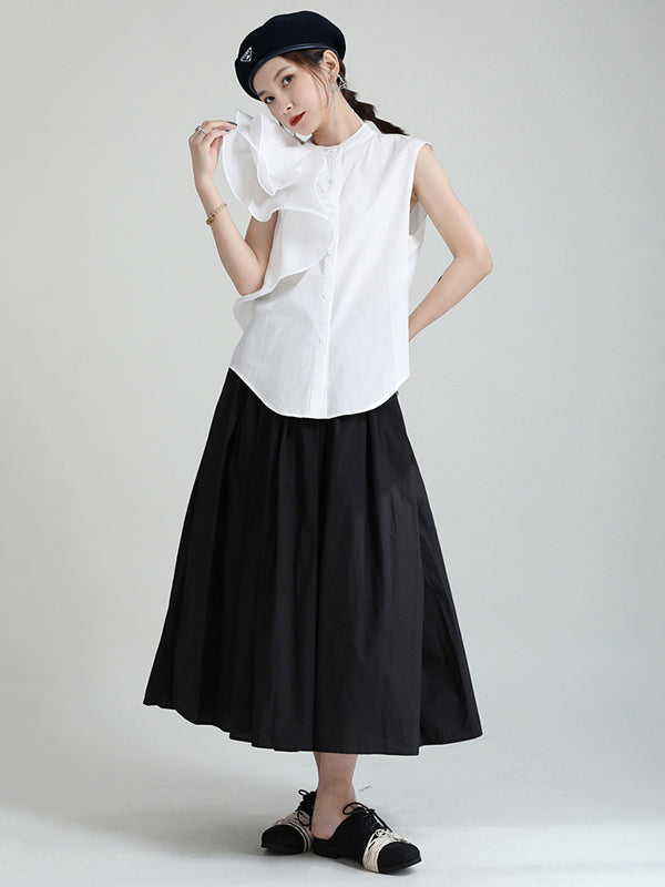 Urban Solid Color Split-Joint Mesh Pleated A-Line Skirt