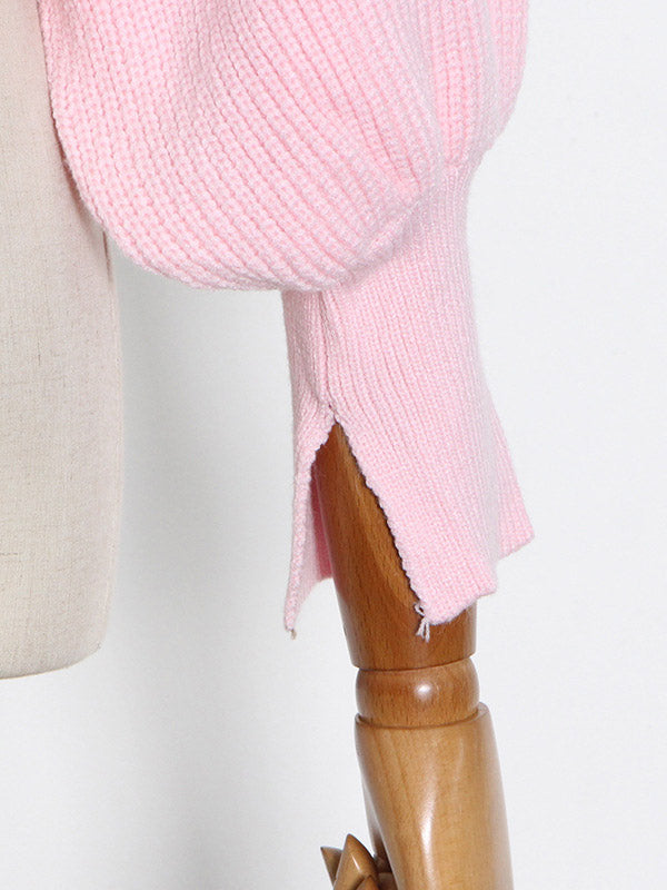 Casual Solid Color Round-Neck Bishop Sleeve Sweater Tops