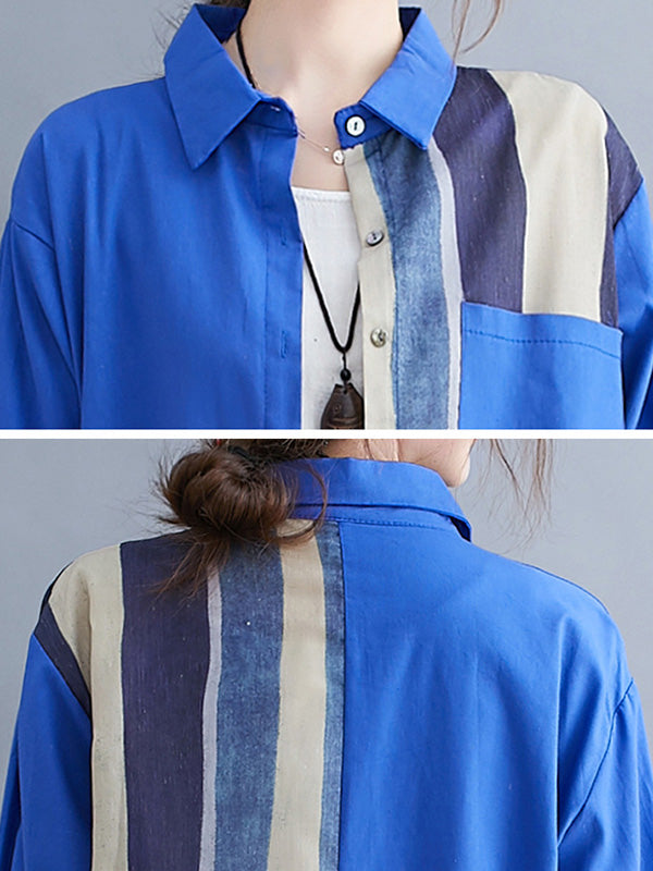 Original Buttoned Contrast Color Split-Joint  Long Sleeves Lapel Blouse