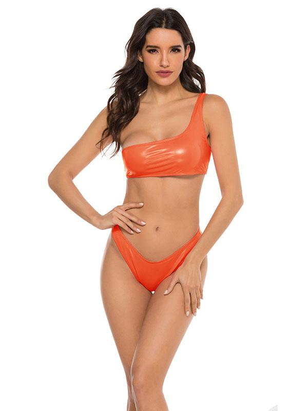 One-Shoulder Bright Fabric Solid Color Bikini Swimsuit