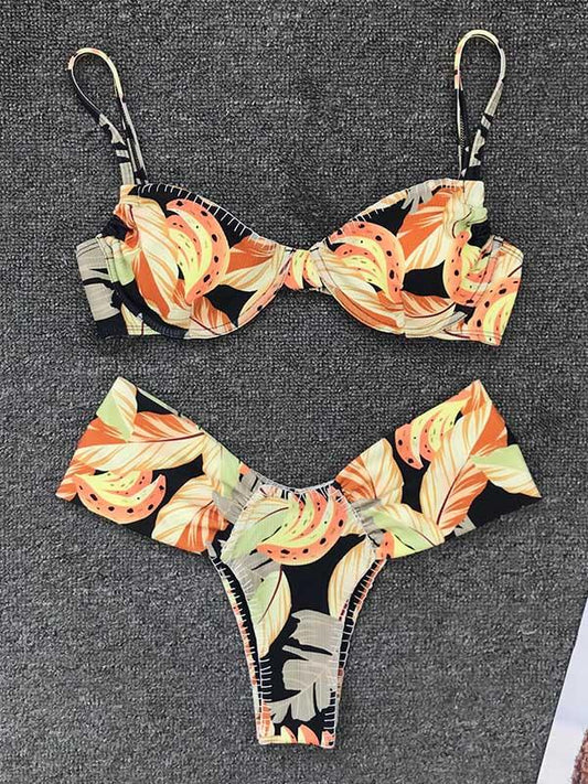 Sexy Fringed  Printing Split Type Bikini Swimsuit