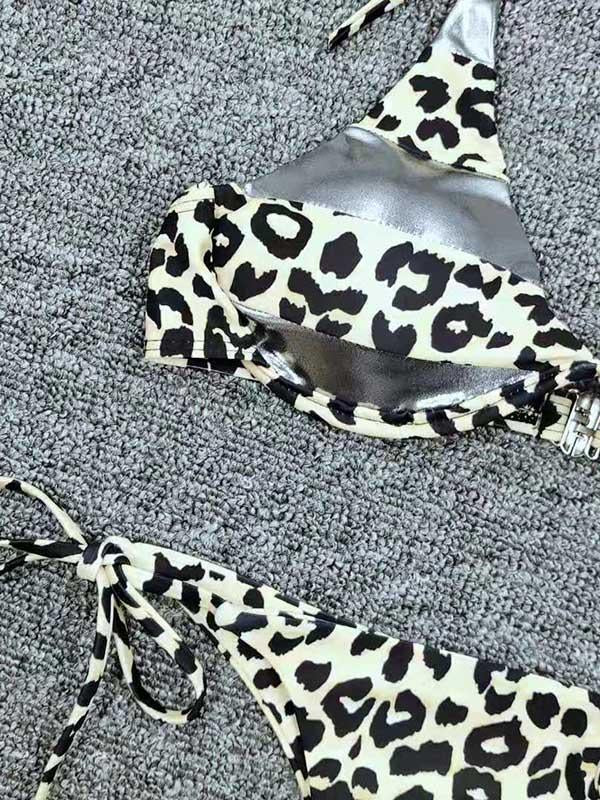 Leopard Print Split-Joint Bandage Split Bikini Swimsuit