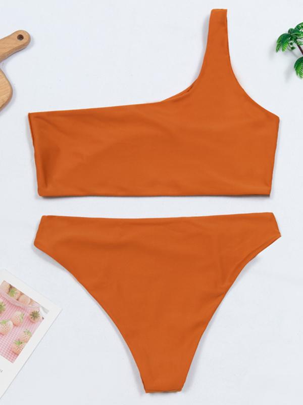 Sexy Single Shoulder Solid Color Split Bikini Swimsuit