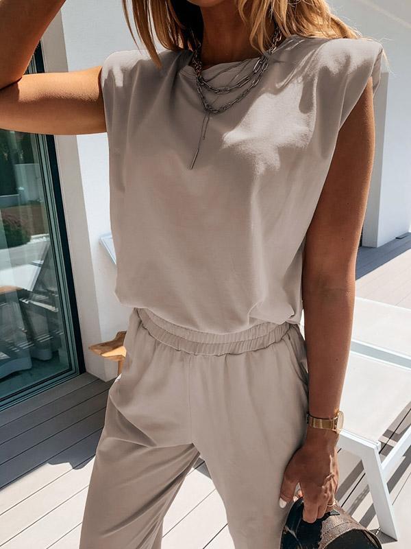 Casual Solid Color Shoulder Pad Tees&Pants Suits