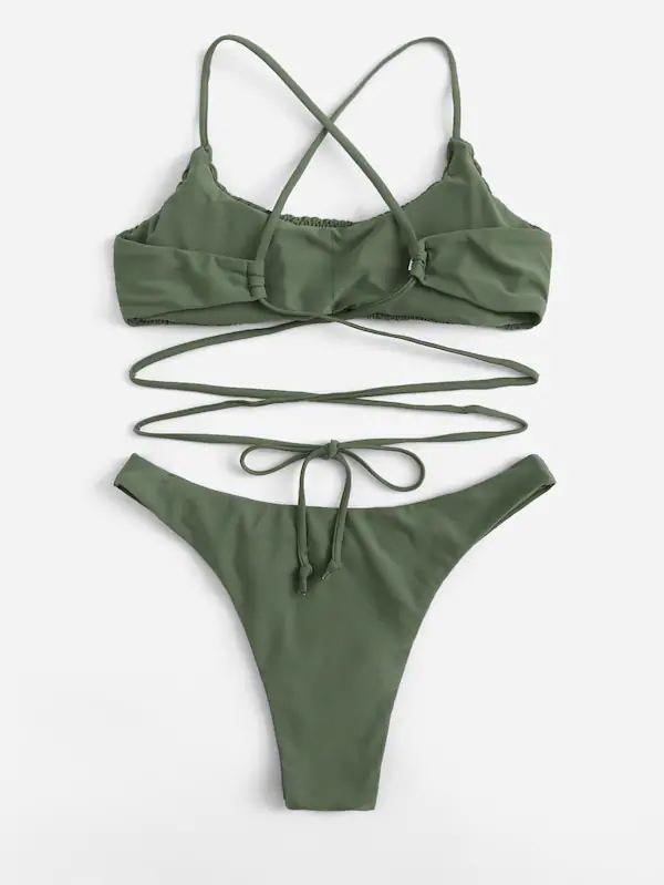 Sexy Canvass Bandage Split Bikini Swimsuit