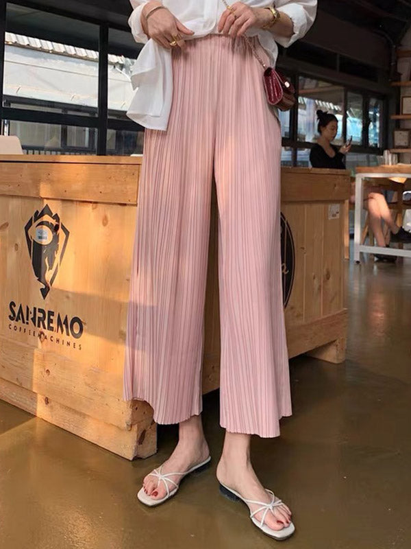 Simple Solid Color Empire Waisted Column Loose Ninth Wide-Leg Pants