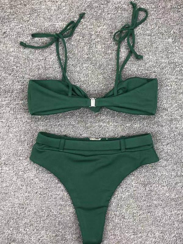 Lace Up Plain High Waisted Bikini Swimsuit