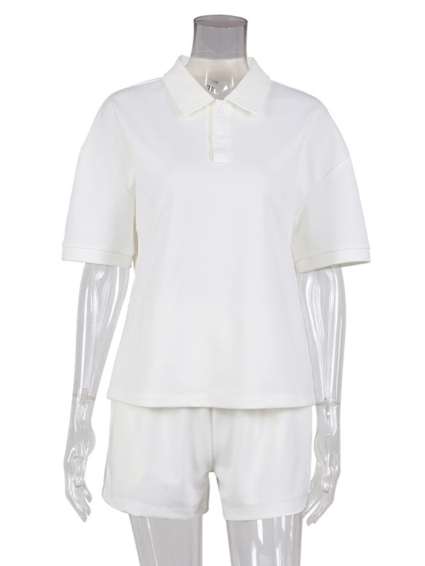 Simple White Lapel Polo Collar T-Shirt+ Shorts Two Pieces Set