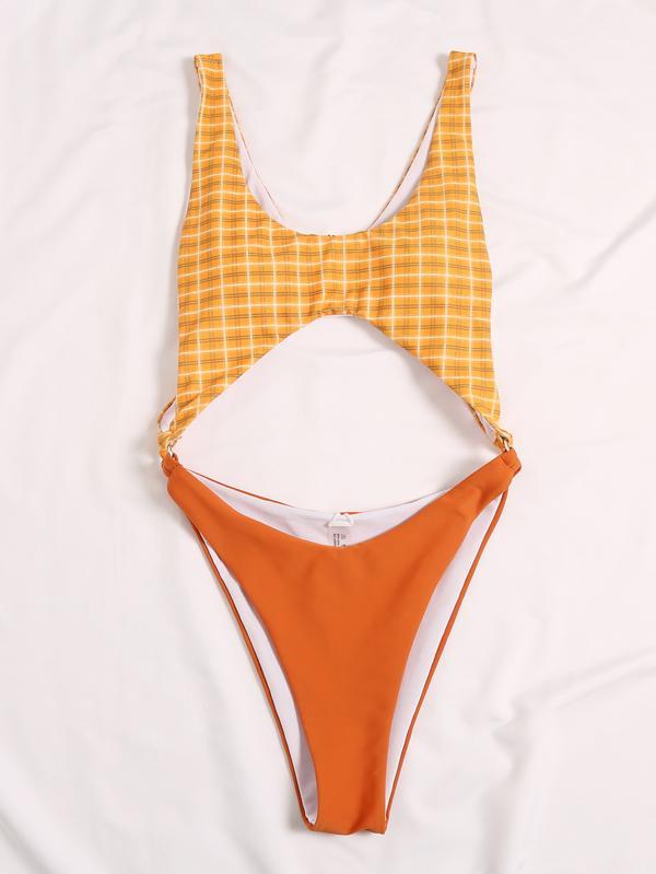 Plaid Printed Split-Joint Hollow One-Piece Swimwear