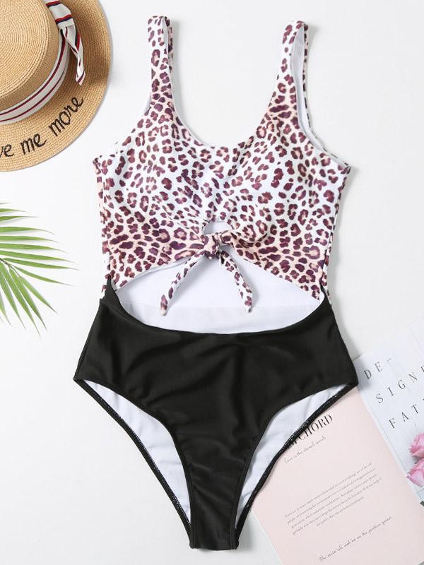 Leopard-Print Split-Joint One-Piece Swimwear