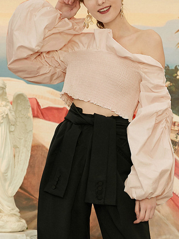 Urban Solid Color Ruffled Off-The-Shoulder Puff Sleeve T-Shirt Tops