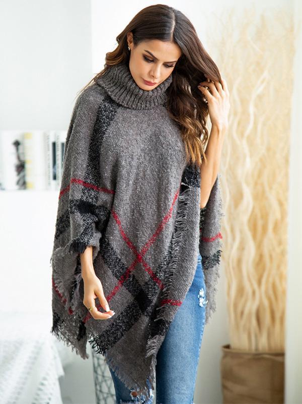 High-neck Batwing Sleeves Tassels Sweater Tops