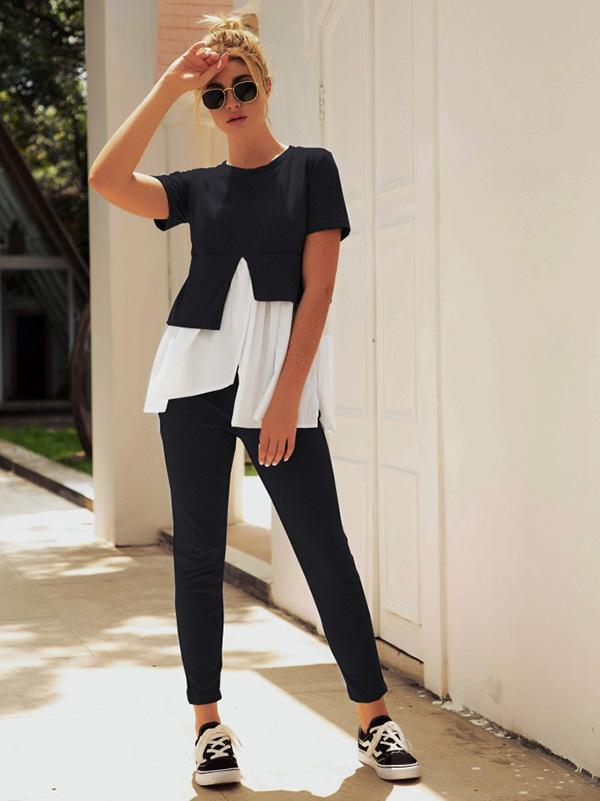 Falbala Split-joint Cropped Tee&Pants Sports Suits