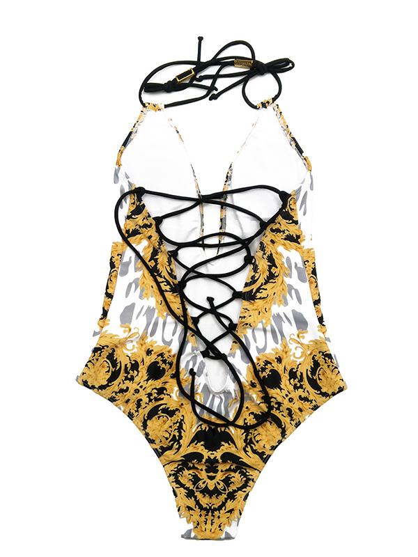 Printed Lace-up One-piece Swimwear