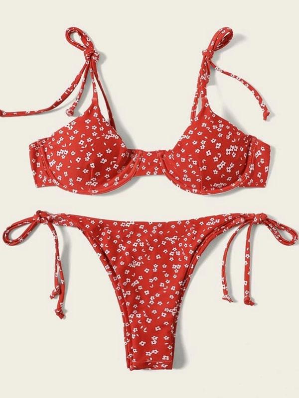 Ribbed Underwired Floral-Print Split Bikini Swimsuit