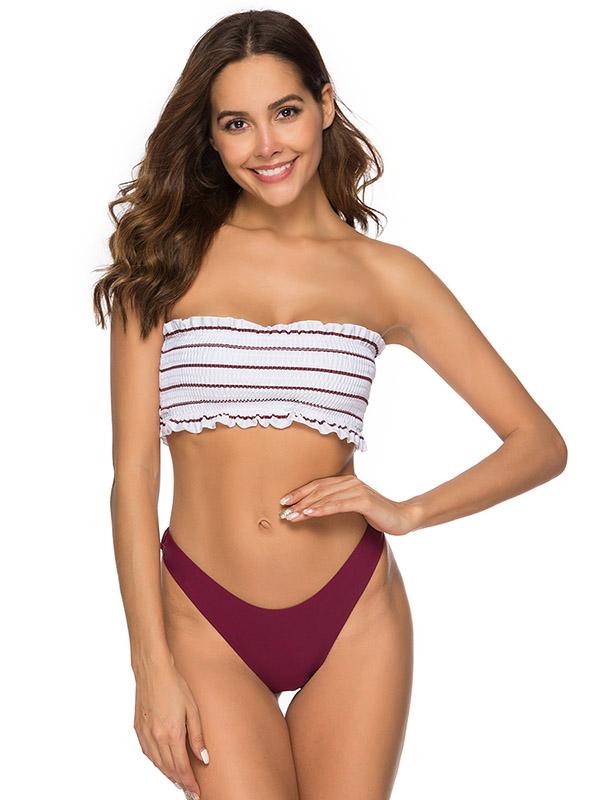 Strapless Draped Striped Top With Solid Panty Bikini Set