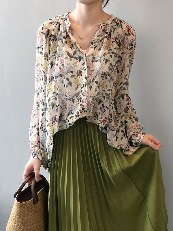 Urban Multi-Colored Floral Printed Puff Sleeves Chiffon Blouse