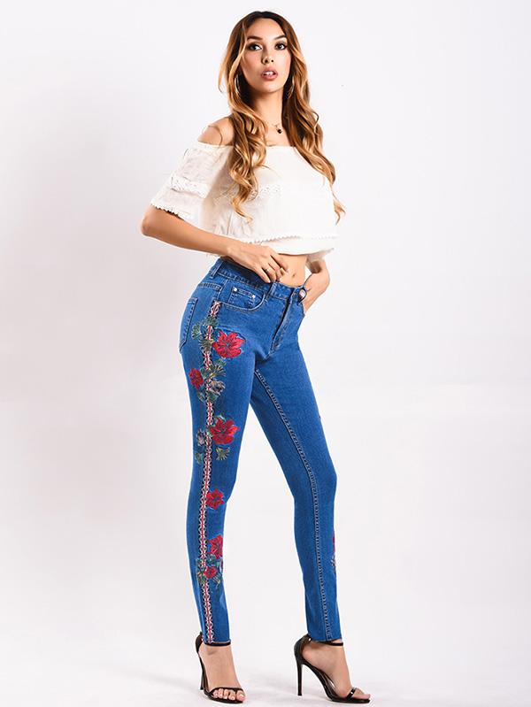 Embroidered Elastic Jeans Pants Bottoms