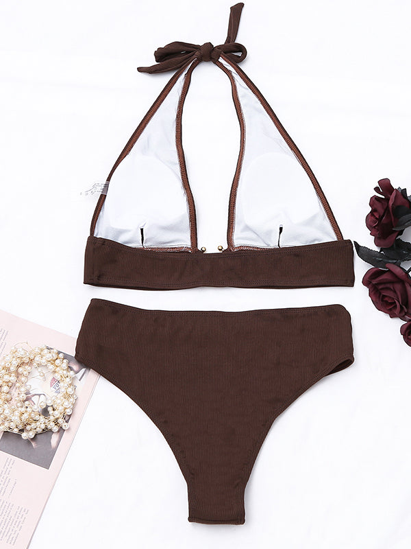 Brown Hollow Halterneck High-Waisted Bikini Swimsuit