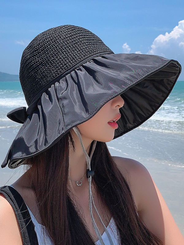 Vacation Weave Bow-Embellished Sun Protection Caps