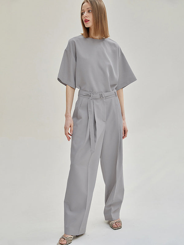 Casual Solid Color Zipper Buttoned Round-Neck Half Sleeves T-Shirt+Tied Wide Leg Pants 2 Pieces Set