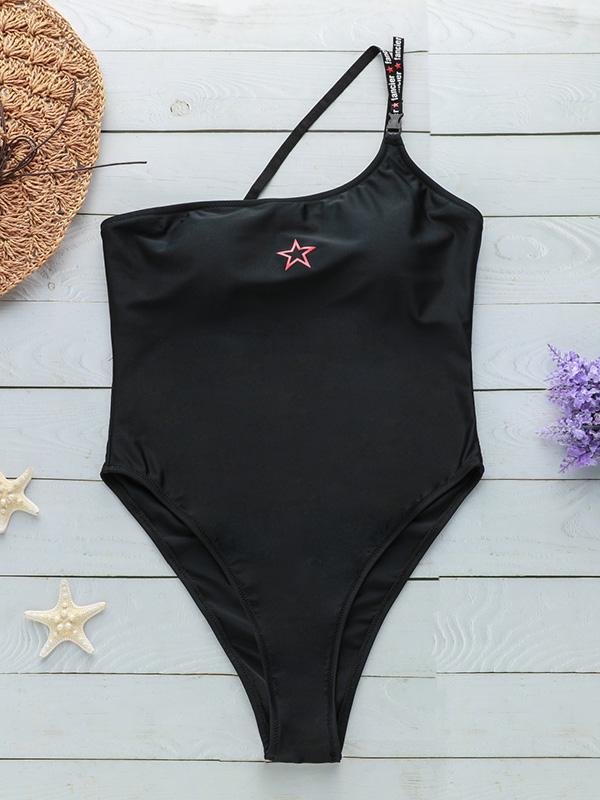 Plain Single Shoulder One-piece Swimwear