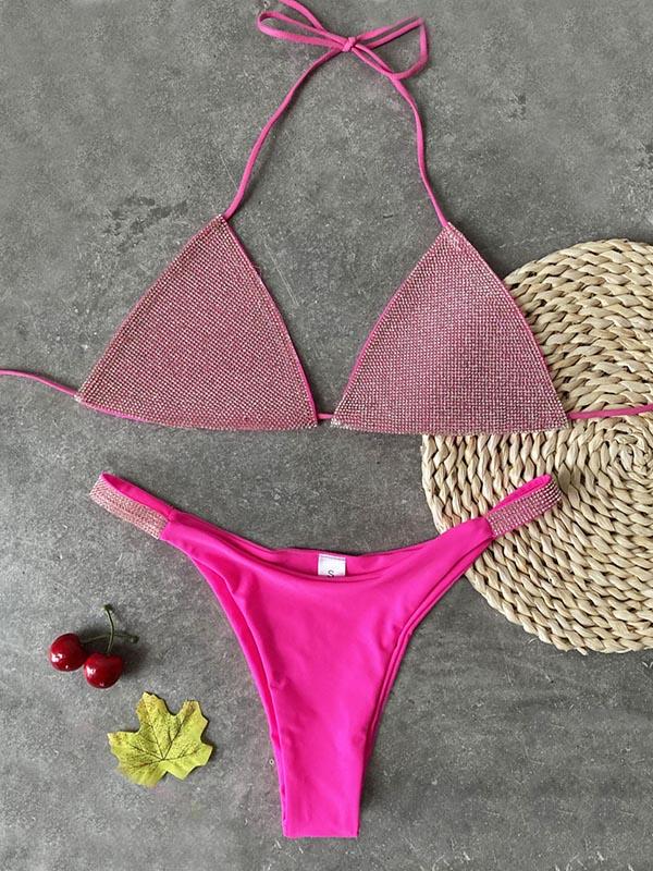 Sexy Triangles Bandage Sticking Drill Split Type Bikini Swimsuit