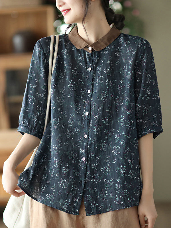 Vintage Loose Floral Printed Half Sleeves Blouse