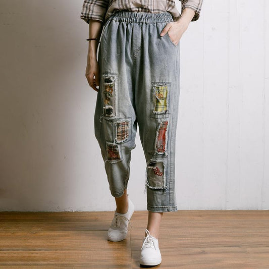 Embroidered Floral Patchwork Burr Women Jeans