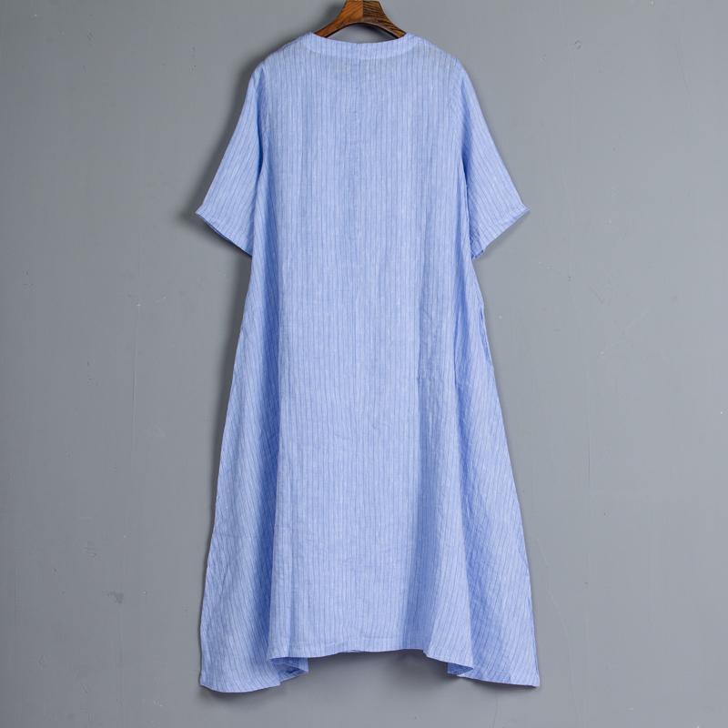 Round Neck Short Sleeve Pockets Stripe Blue Dress