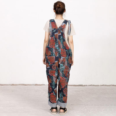 Floral Printed Pockets Casual Loose Jumpsuit