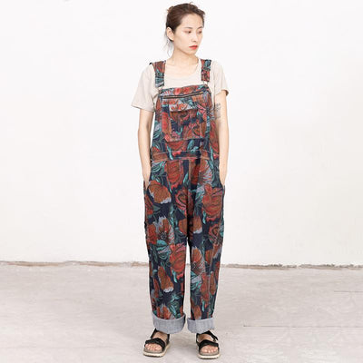 Floral Printed Pockets Casual Loose Jumpsuit